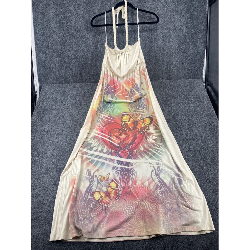 Daniel Benjamin Graphic Heart Butterfly Halter Maxi Dress Womens M Cream Y2K USA